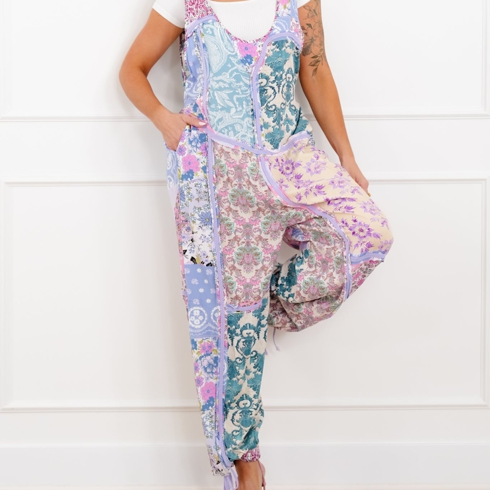 Blue Velvet Pastel Patchwork Floral Jumpsuit - Lavender BOHO XL New Without Tag